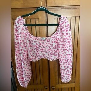 Pink and White Acoa Ruched Puff Sleeve Crop Blouse NWT